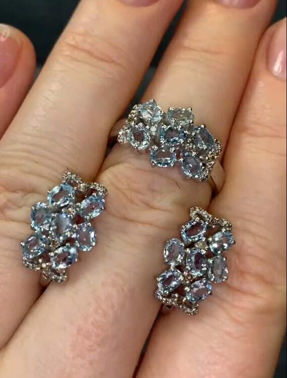 Natural Aquamarine Jewelry Set, Pave Diamond Jewelry, 925 Sterling