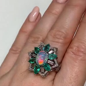 Natural Opal, Emerald Ring in 925 Sterling Silver with Pave Diamonds, Timeless Elegant Gift