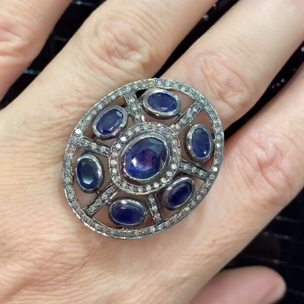 Dazzling Blue Sapphire Gemstone Cocktail Ring With Pavé Diamonds in Handcrafted 925 Sterling Silver, An Exquisite Birthday and Romantic Gift