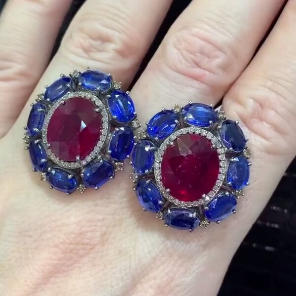 Exquisite Kyanite & Ruby Gemstone Earrings with Pavé Diamonds - Handcrafted in 925 Sterling Silver, Perfect Elegant Wedding Gift for Her