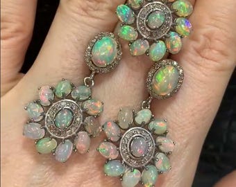 Handmade Victorian Fire Opal Jewelry Set, Diamond, 925 Sterling Silver