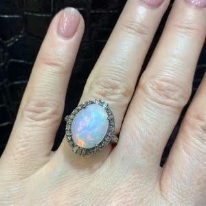 Natural Opal Gemstone Engagement Ring, Genuine Pave Diamond Handmade Jewelry, 925 Sterling Silver, Perfect Gift For Wedding Anniversary