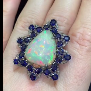 Ethiopian Opal & Blue Sapphire Ring Encircled by Pavé Diamonds - Artisan-Crafted Fine Jewelry in 925 Sterling Silver, Ideal Birthday Present