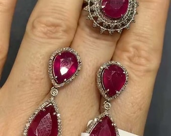 Natural Ruby Jewelry Set, Pave Diamond, 925 Sterling Silver, Art Deco