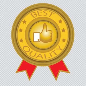 May include: A gold-colored badge with the words "BEST QUALITY" and a thumbs-up symbol. The badge has a red ribbon at the bottom and small star accents around the edge. The background is a transparent, checkered pattern.
