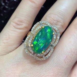 Natural Ethiopian Opal Engagement Ring, Pave Diamond Wedding Jewelry, 925 Sterling Silver, Anniversary Gift For Her, Gemstone Jewelry