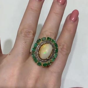Natural Opal Emerald Gemstone Ring ,Pavé Diamond Ring ,Handcrafted in 925 Sterling Silver Jewelry