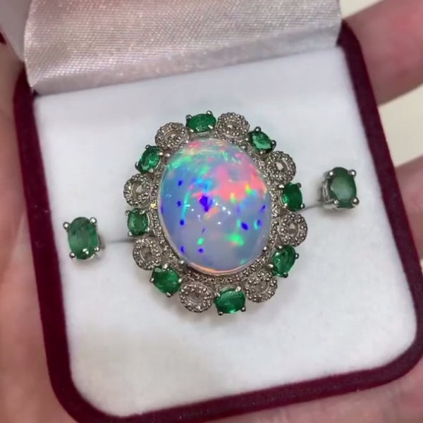 Ethiopian Opal Ring & Emerald Gemstone With Pavé Diamond Ring - Handcrafted in 925 Sterling Silver, Ideal Anniversary or Romantic Gift