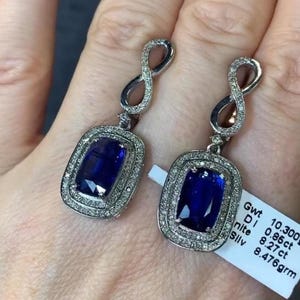 Exquisitos pendientes de piedras preciosas de cianita con diamantes pavé, hechos a mano en plata de ley 925 - Pendientes colgantes, regalo de cumpleaños perfecto