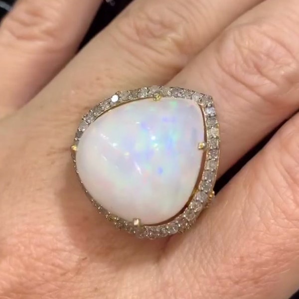Exquisite Opal Gemstone Ring with Pavé Diamonds, Luxury Design Handcrafted in 925 Sterling Silver, Perfect for Birthday or Wedding Gift