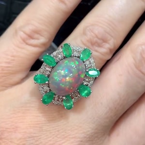 Ethiopian Opal & Emerald Gemstone Ring - Handcrafted in 925 Sterling Silver with Pavé Diamonds, Stunning Birthday Gift for Her, Fine Jewelry