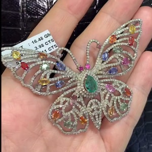Butterfly Brooch with Emerald, Ruby & Multi Sapphire Gemstone - 925 Sterling Silver With Pave Diamonds, Ideal Birthday or Anniversary Gift
