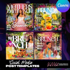 May include: Four colorful social media post templates for Mother's Day brunch. Each template features a different image, including a woman in a floral dress, a glass of lemonade, a plate of pancakes, and a woman in a floral dress. The text on the templates includes "Mother's Day Brunch", "Unlimited Hookah Refills", "Music by DJ Name", and "Venue Name".