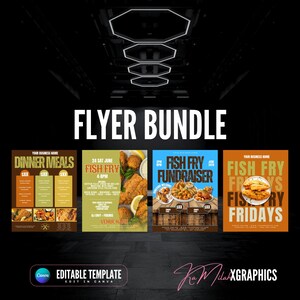 Könnte beinhalten: Ein digitales Flyer-Paket mit vier verschiedenen Werbevorlagen für Abendessen und Fischbrat-Veranstaltungen. Jeder Flyer zeigt Lebensmittelfotografie, Veranstaltungsdetails und Platzhaltertext für Firmennamen, Daten und Preise.