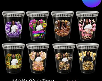 Editable Party Cup Sticker Template, Custom Party Favors (Canva Digital Download)