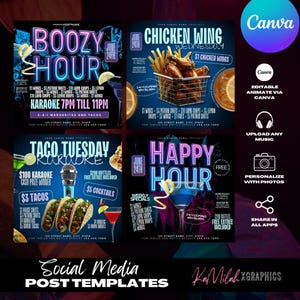 Happy Hour Flyer (4 TEMPLATES), Ladies night, Tropical Happy Hour, Cocktail, Beer Flyer, Bar & Grill, Karaoke, Tropical, Bar, Club Flyer