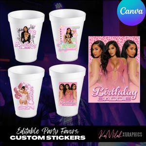 Puede incluir: Cuatro vasos de poliestireno blanco con pegatinas impresas personalizadas. Las pegatinas muestran imágenes de mujeres y texto que dice "Birthday Queen", "21 Birthdays", "Birthday Baddie" y "Cancer SZN".