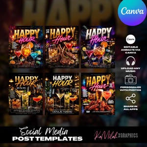 Puede incluir: Un conjunto de seis plantillas de publicaciones en redes sociales para eventos de Happy Hour. Cada plantilla presenta un cóctel o plato diferente, con las palabras "Happy Hour" en letras doradas. El logotipo de Canva es visible.