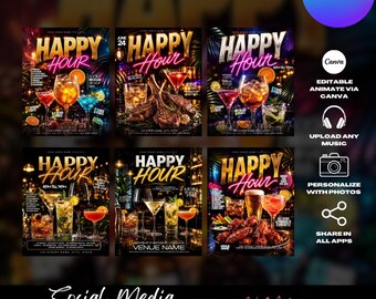 Happy Hour Flyer Templates, Bar & Grill, Club Event, Restaurant  (Editable Canva Digital Product)