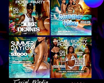 May include: A collection of four social media post templates with a party theme. Each template features images of people, text, and event details. The templates are designed for a pool party, summer vibes, and other events.