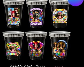 Editable Graduation Party Cup Stickers, Custom Party Favors (Digital Download)
