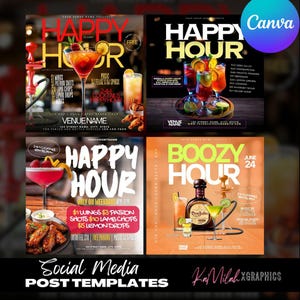 以下が含まれることがあります： 「Happy Hour」と「Boozy Hour」の文字が入った4つのソーシャルメディア投稿テンプレート。カクテル、食べ物、水タバコの画像が特徴で、会場情報やイベントの詳細が記載されています。