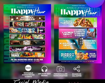 Modèle de Flyer de promotions de la semaine, Happy Hour, marketing de restaurant (modifiable sur toile)