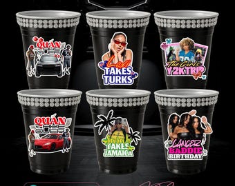 May include: Six black plastic party cups with silver rhinestone rims, each featuring unique graphic decals including photos of people, cars, palm trees, and text such as QUAN TAKE OVER, LEXI TAKES TURKS, The Girls Y2K TRIP, and CANCER BADDIE BIRTHDAY.