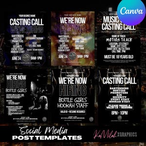 May include: Social media post templates with hiring announcements. The templates feature text like "Casting Call" and "We're Hiring" for bartenders, promoters, and other staff. The Canva logo is visible in the top right corner.