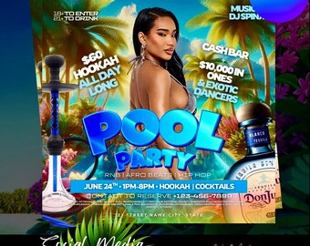 May include: A vibrant social media post template for a pool party, featuring a woman, a hookah, and a tequila bottle. The design includes the text "Pool Party," event details, and the Canva logo. The color scheme is blue, green, and white.