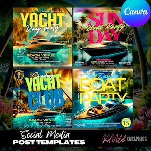 Könnte beinhalten: Vier farbenfrohe Social-Media-Post-Vorlagen für eine Yacht- oder Boots-Party. Jede Vorlage zeigt einen tropischen Hintergrund mit Palmen, einem Boot und Text, der "Yacht Day Party", "Sunday Yacht Club", "Sun Day Boat Party" und "The Party Boat Party" lautet.