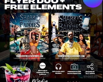 Sharks vs Baddies Pool Party Flyer Templates (Canva Editable)