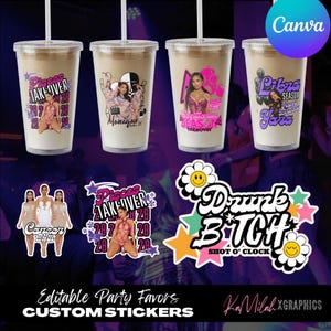 May include: Four clear plastic tumblers with lids and straws, each featuring a different design. The designs include images of women, text, and graphics. Additional stickers with text and graphics are also visible. The text includes "Pisces Takeover", "Monique", and "Drunk Bitch".