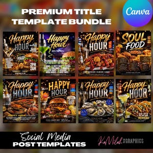 Könnte beinhalten: Eine digitale Sammlung von acht Werbeflyer-Vorlagen mit Speise- und Getränkebildern sowie goldfarbener Typografie. Jede Vorlage zeigt Texte wie Happy Hour oder Soul Food und präsentiert verschiedene Menüpunkte wie Burger, Meeresfrüchte und Cocktails.