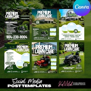 May include: A collection of six social media post templates for premium lawn care services. Each template features a lawn care theme with images of lawn mowers and service details. The templates include the text "Premium Lawn Care" and "Our Services".