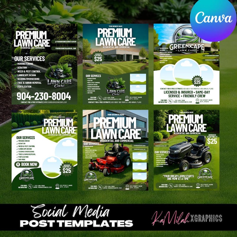 May include: A collection of six social media post templates for premium lawn care services. Each template features a lawn care theme with images of lawn mowers and service details. The templates include the text "Premium Lawn Care" and "Our Services".