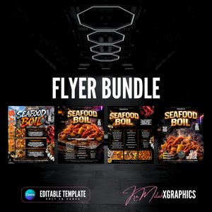 May include: A digital flyer bundle featuring four distinct seafood boil event templates. Each flyer displays the text SEAFOOD BOIL in bold lettering, accompanied by imagery of cooked shellfish, corn, and potatoes. Includes a Canva editable logo.