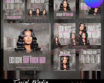 May include: Social media post templates for a hair salon or hair extension business. The templates feature images of women with long, black hair and text that says "Exclusive Raw Virgin Hair", "Raw Wigs On Hand", "Bundles On Hand", and "Join The Club!"