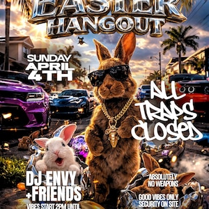 Peut inclure: Affiche promotionnelle pour un &eacute;v&eacute;nement de P&acirc;ques avec un lapin branch&eacute; portant des lunettes de soleil et une cha&icirc;ne en or. L'affiche comprend les mots "Easter Hangout", "Sunday April 4th" et "All Traps Closed". Le texte suppl&eacute;mentaire annonce "DJ Envy + Friends".