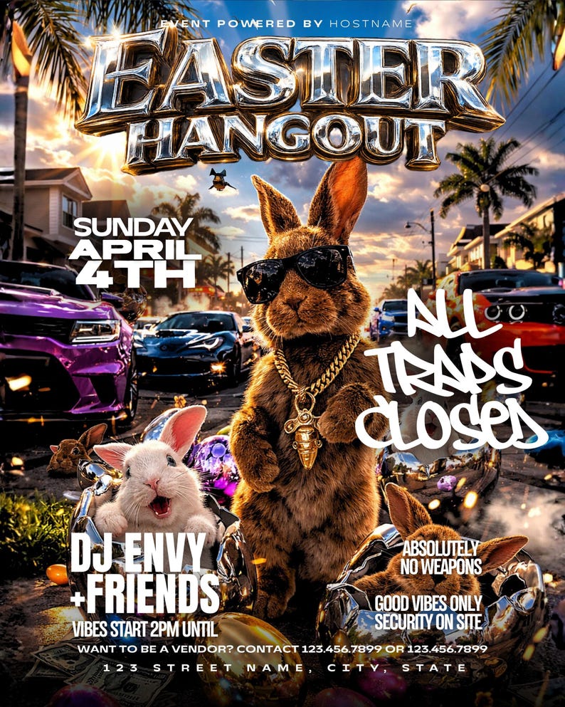 Peut inclure: Affiche promotionnelle pour un &eacute;v&eacute;nement de P&acirc;ques avec un lapin branch&eacute; portant des lunettes de soleil et une cha&icirc;ne en or. L'affiche comprend les mots "Easter Hangout", "Sunday April 4th" et "All Traps Closed". Le texte suppl&eacute;mentaire annonce "DJ Envy + Friends".