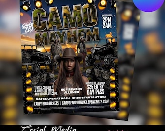 Flyersjabloon Camo Mayhem ATV-feest (canva bewerkbaar)