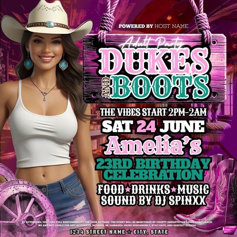 Dukes and Boots Party Flyer Templates, Western Theme (canva Editable