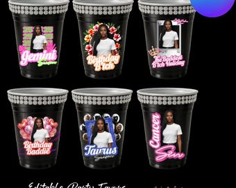 Editable Party Cup Stickers, Zodiac Birthday Custom Favors (Digital Download)