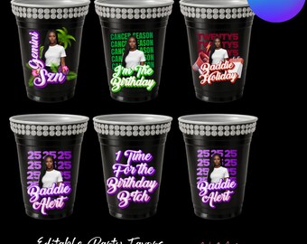 Editable Party Cup Template, Birthday Stickers, Custom Favors (Digital Download)