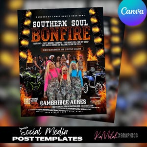 Könnte beinhalten: Werbeflyer für eine Southern Soul Bonfire-Veranstaltung mit dem Text "Southern Soul Bonfire" in fetter Schrift. Der Flyer enthält Veranstaltungsdetails, Datum, Uhrzeit und Ort sowie Bilder von Personen und Fahrzeugen. Vorlage für Social-Media-Beiträge.