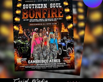 Bonfire Party Flyer, Camo Western Theme (Canva Editable)