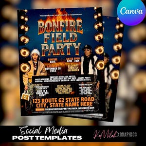 May include: A promotional flyer for a Bonfire Field Party, featuring a dark blue background with gold accents and the event title in large, stylized text. The flyer includes event details, date, time, and location, along with images of two people. The flyer is a social media post template.