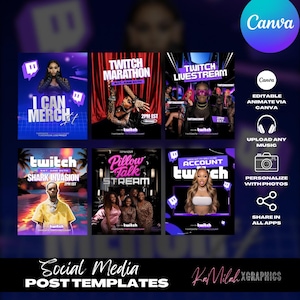May include: A collection of social media post templates with a Twitch theme. Each template features images of people and text, including "I Can Merch," "Twitch Marathon," and "Twitch Livestream." The Canva logo is visible, along with options to personalize and share.