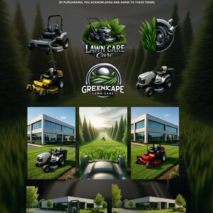 May include: An image showcasing lawn care equipment and logos. The image includes various lawn mowers, including riding mowers and push mowers, along with the text "LAWN CARE Care" and "GREENSCAPE - LAWN CARE -" and the text "PREMIUM TITLES AND GRAPHICS ARE FINAL, SOLD AS-IS, AND CANNOT BE CUSTOMIZED. BY PURCHASING, YOU ACKNOWLEDGE AND AGREE TO THESE TERMS."