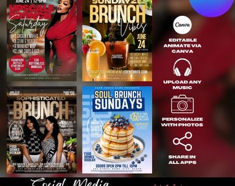 Modèles de Flyer brunch, fête d'une journée, événement, soirée entre filles (produit numérique éditable sur toile)